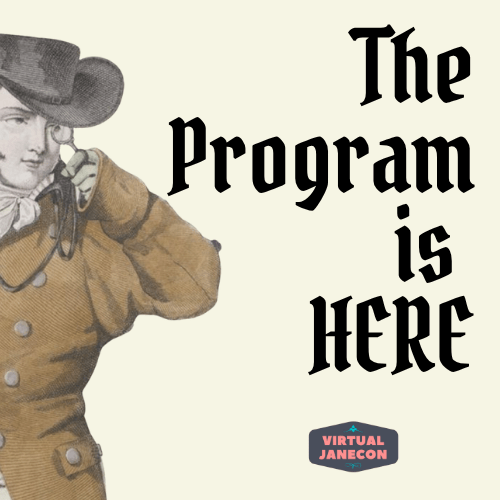 Regency gent with quizzing glass looks at text "The Program is HERE."